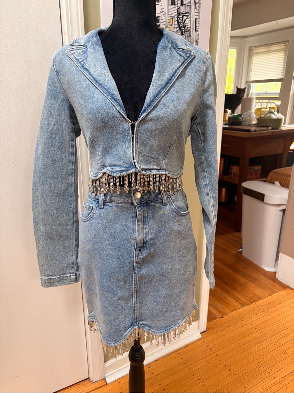 bebe Light Blue Denim Two-Piece Mini Set with Crystal Fringe